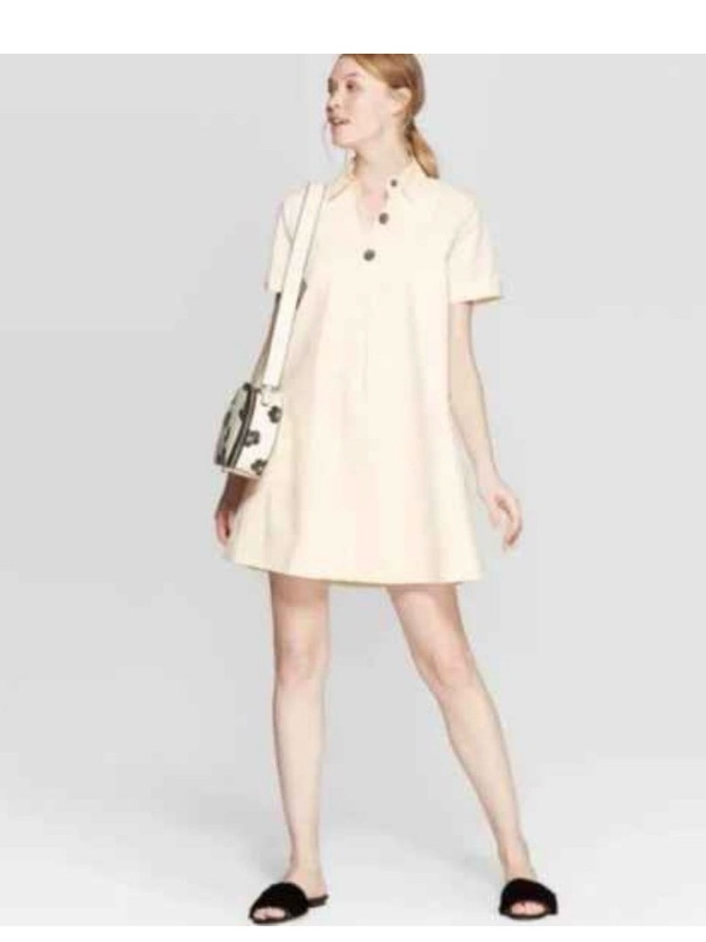 Who What Wear Cream Short A-Line Mini Dress with Button Accents